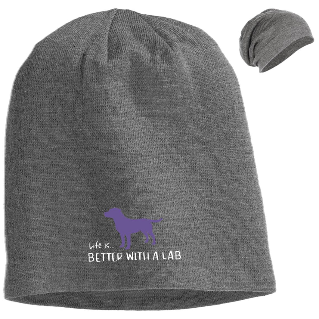 LABRADOR RETRIEVER HATS - LIFE IS BETTER WITH A LAB WINTER SLOUCH BEANIE FROM LAB HQ - PURPLE